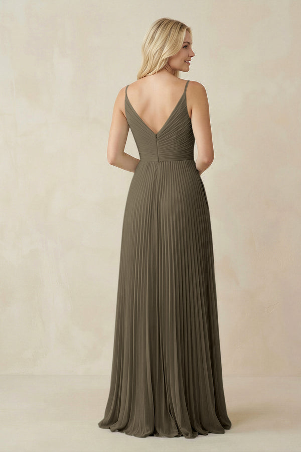 KissProm Pleated V-Neck A-Line Chiffon Bridesmaid Dress in Willow Green, Willow Green / 12