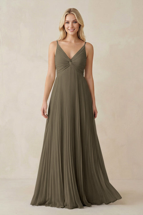 KissProm Pleated V-Neck A-Line Chiffon Bridesmaid Dress in Willow Green, Willow Green / 12