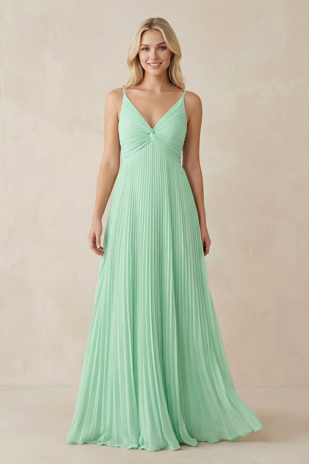 Pleated V-Neck A-Line Chiffon Bridesmaid Dress in Pale Pistachio - KissProm BRIDESMAID DRESSES