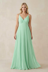 Pleated V-Neck A-Line Chiffon Bridesmaid Dress in Pale Pistachio - KissProm BRIDESMAID DRESSES
