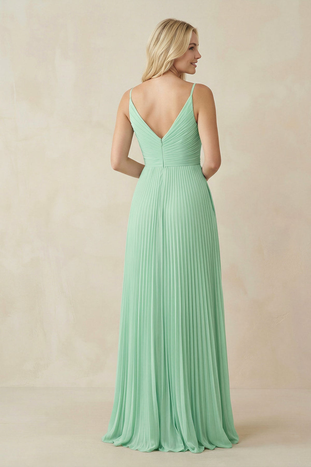 Pleated V-Neck A-Line Chiffon Bridesmaid Dress in Pale Pistachio - KissProm BRIDESMAID DRESSES