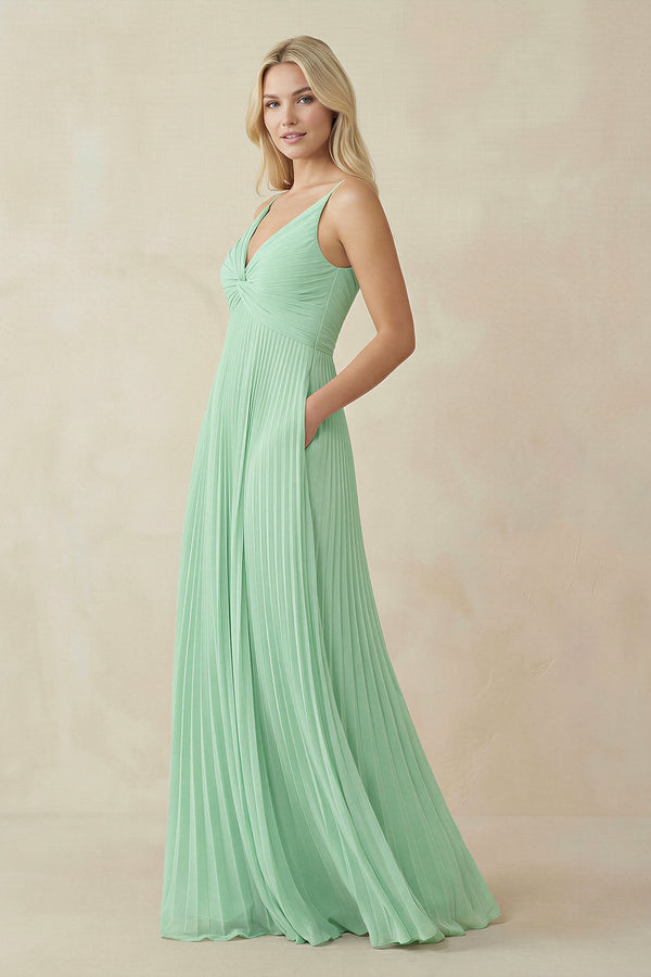 Pleated V-Neck A-Line Chiffon Bridesmaid Dress in Pale Pistachio - KissProm BRIDESMAID DRESSES