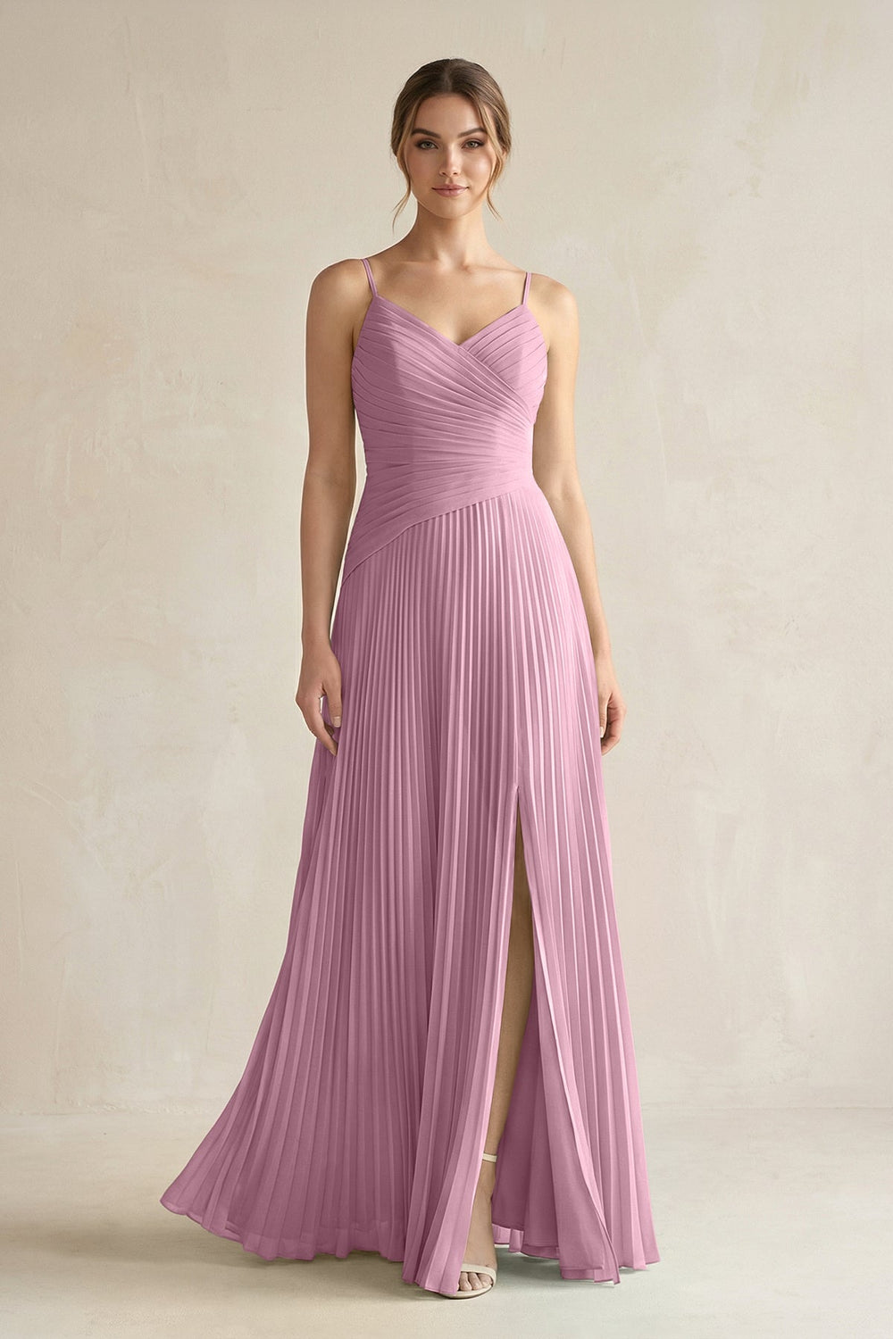 Pleated A-Line Long Chiffon Bridesmaid Dress in Vintage Mauve