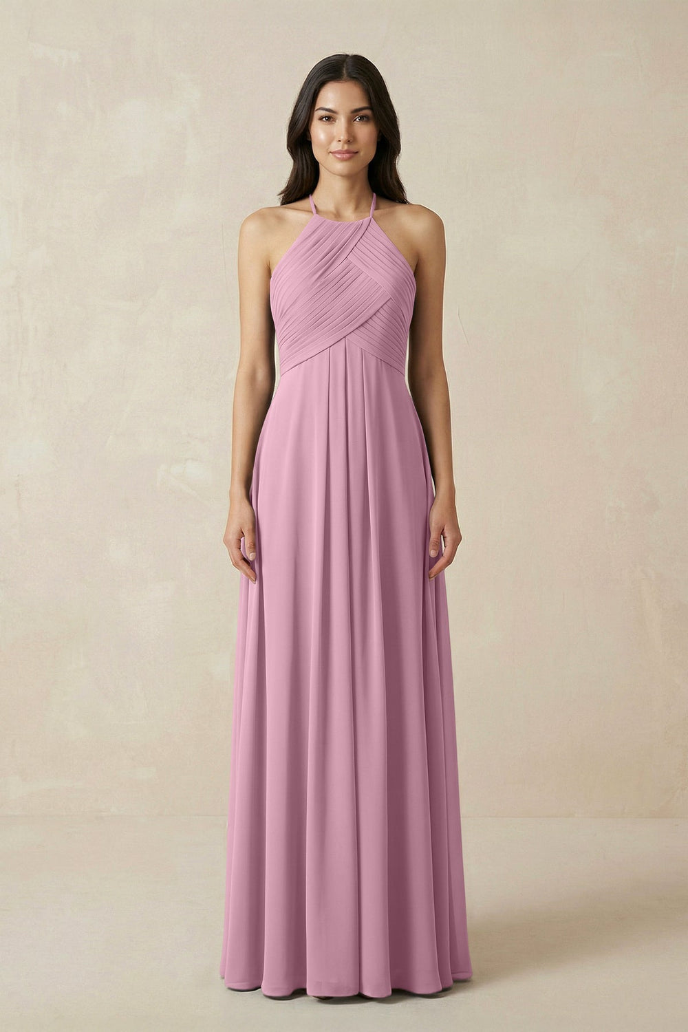 A-Line Halter Neck Pleated Chiffon Bridesmaid Dress in Vintage Mauve - KissProm BRIDESMAID DRESSES