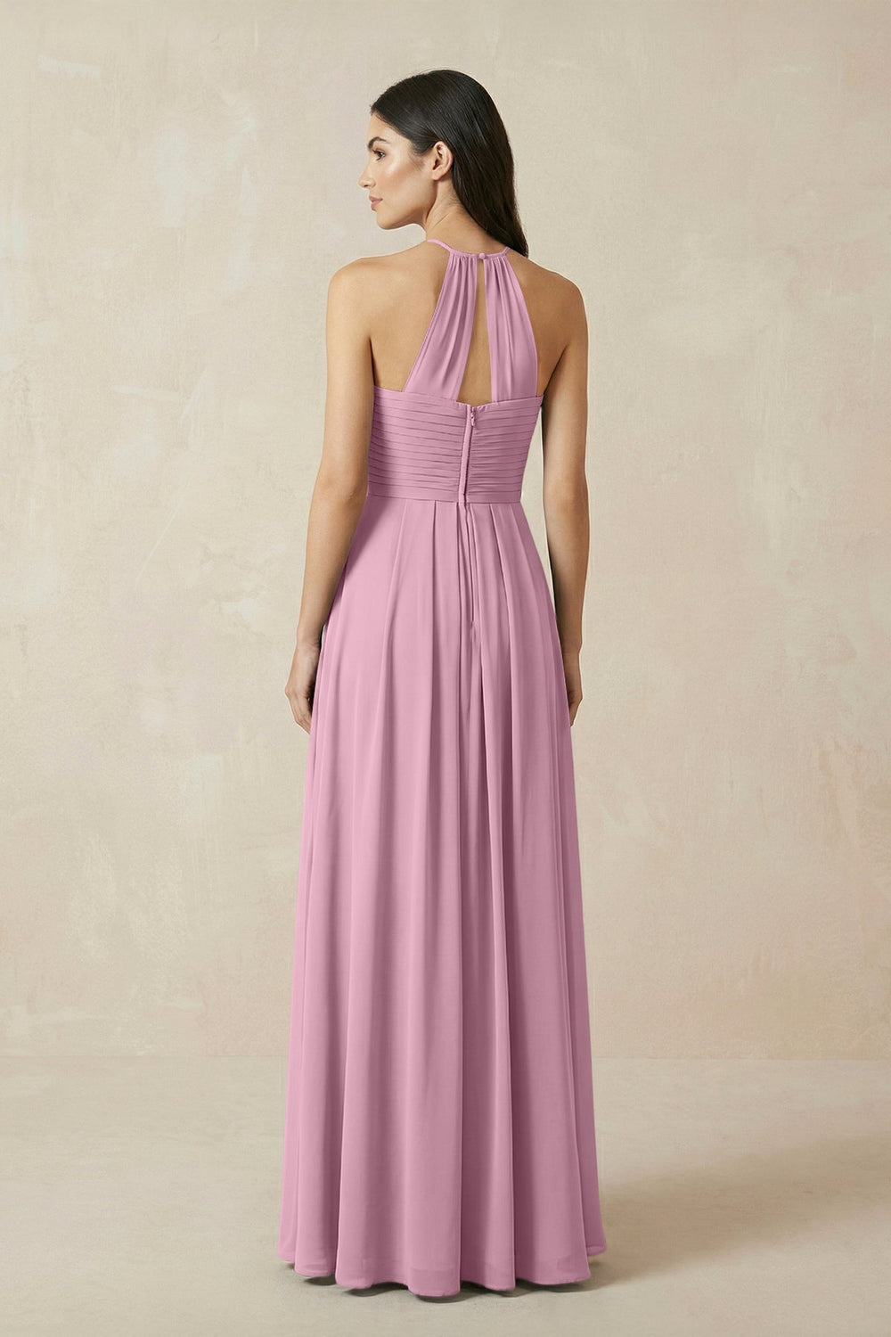 A-Line Halter Neck Pleated Chiffon Bridesmaid Dress in Vintage Mauve - KissProm BRIDESMAID DRESSES