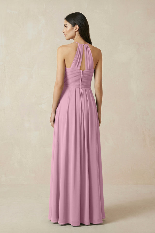 A-Line Halter Neck Pleated Chiffon Bridesmaid Dress in Vintage Mauve - KissProm BRIDESMAID DRESSES