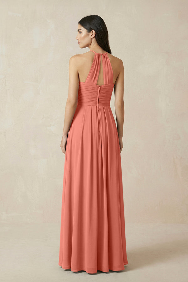 A-Line Halter Neck Pleated Chiffon Bridesmaid Dress in Wild Rose - KissProm BRIDESMAID DRESSES