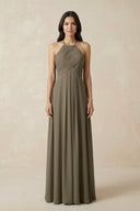A-Line Halter Neck Pleated Chiffon Bridesmaid Dress in Willow Green - KissProm BRIDESMAID DRESSES