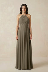 A-Line Halter Neck Pleated Chiffon Bridesmaid Dress in Willow Green - KissProm BRIDESMAID DRESSES