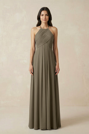 A-Line Halter Neck Pleated Chiffon Bridesmaid Dress in Willow Green - KissProm BRIDESMAID DRESSES