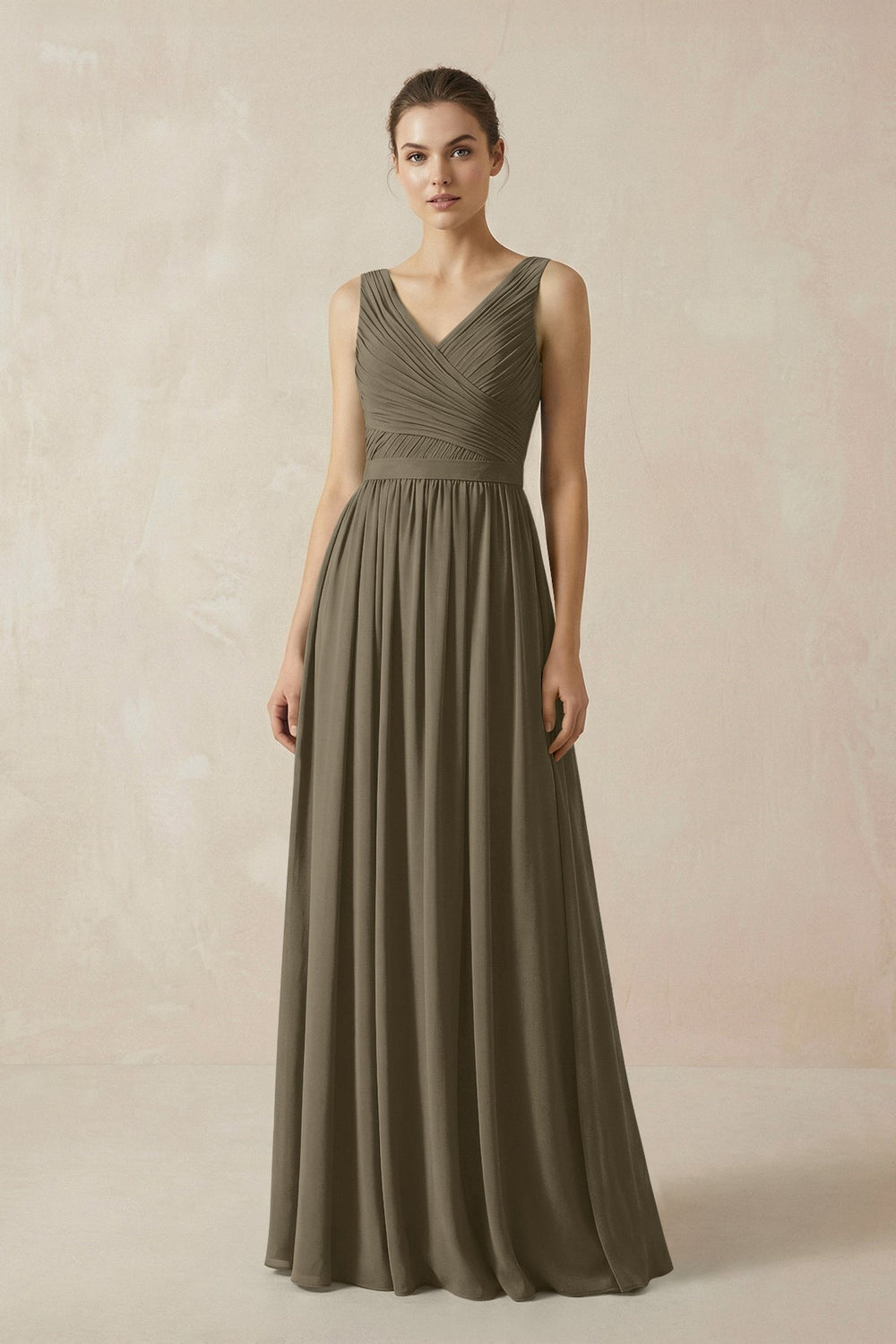 A-Line V-Neck Pleated Chiffon Bridesmaid Dress in Willow Green - KissProm BRIDESMAID DRESSES