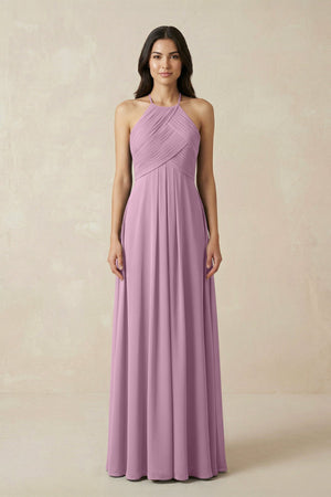 A-Line Halter Neck Pleated Chiffon Bridesmaid Dress in Wisteria - KissProm BRIDESMAID DRESSES