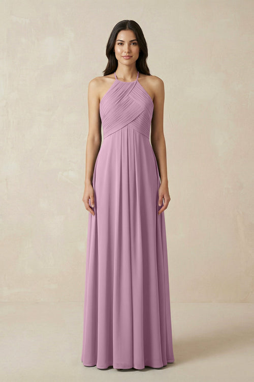 A-Line Halter Neck Pleated Chiffon Bridesmaid Dress in Wisteria - KissProm BRIDESMAID DRESSES