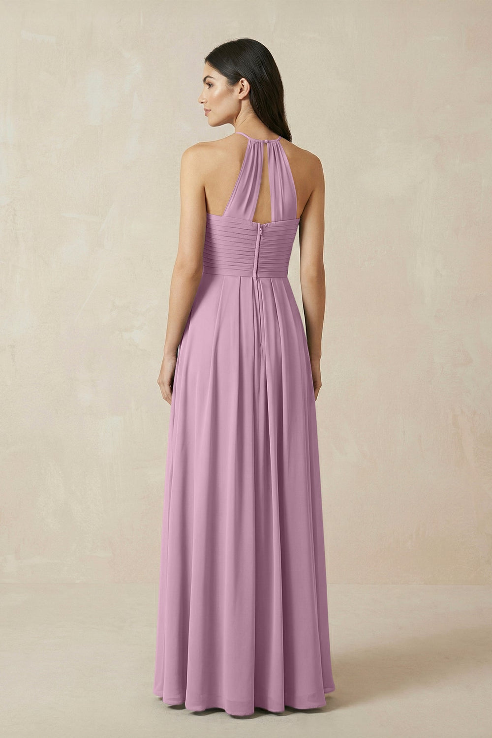 A-Line Halter Neck Pleated Chiffon Bridesmaid Dress in Wisteria - KissProm BRIDESMAID DRESSES