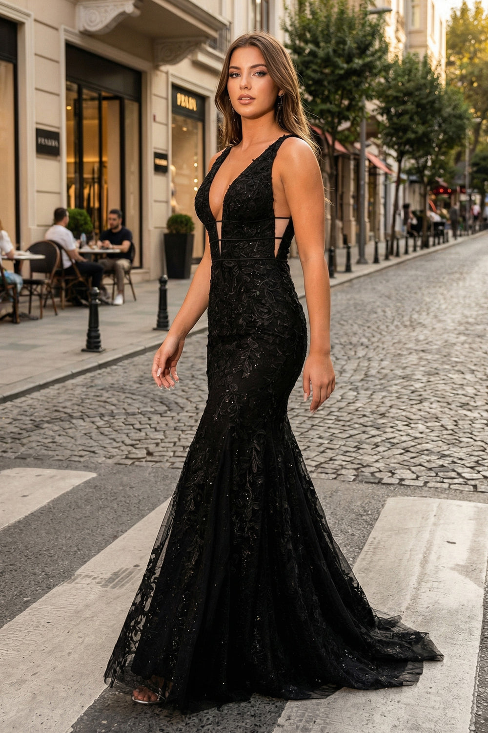 KissProm-Black Mermaid Plunge V Neck Lace Prom Dress