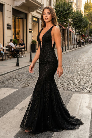 KissProm-Black Mermaid Plunge V Neck Lace Prom Dress