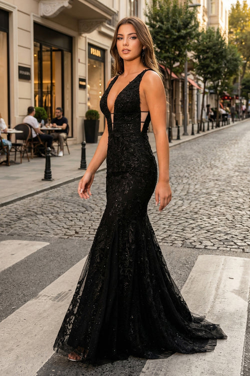 KissProm-Black Mermaid Plunge V Neck Lace Prom Dress