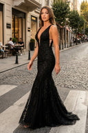 Mermaid Plunge V Neck Lace Prom Dress - KissProm