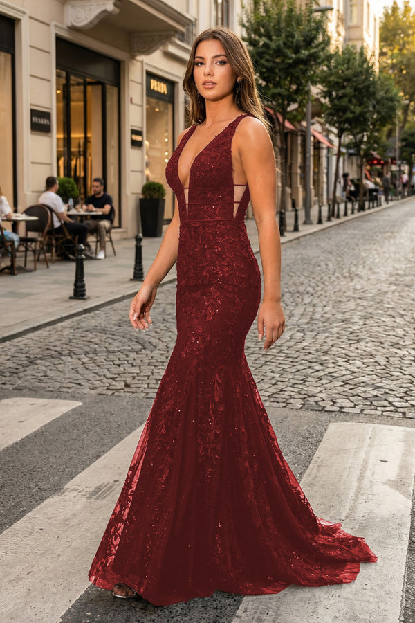 KissProm-Burgundy Mermaid Plunge V Neck Lace Prom Dress