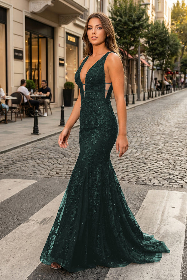 KissProm-Dark Green Mermaid Plunge V Neck Lace Prom Dress