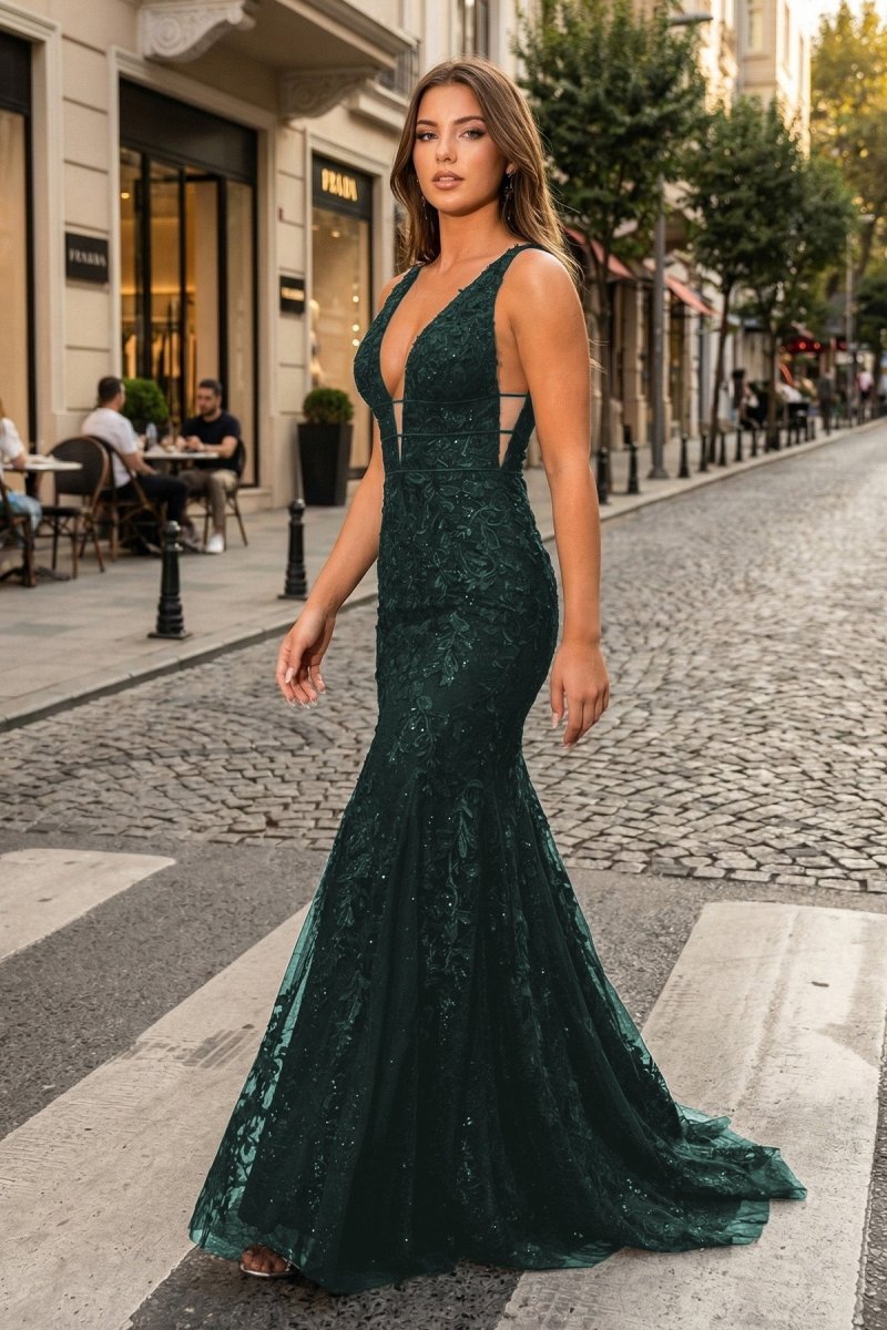 Dark Green Mermaid Plunge V Neck Lace Prom Dress - KissProm