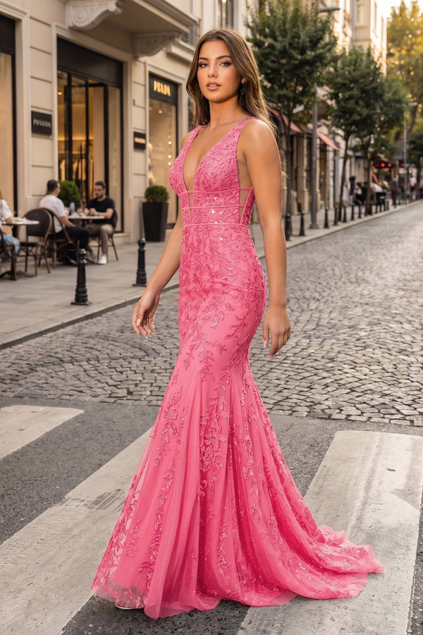 Mermaid Plunge V Neck Lace Prom Dress - Kissprom