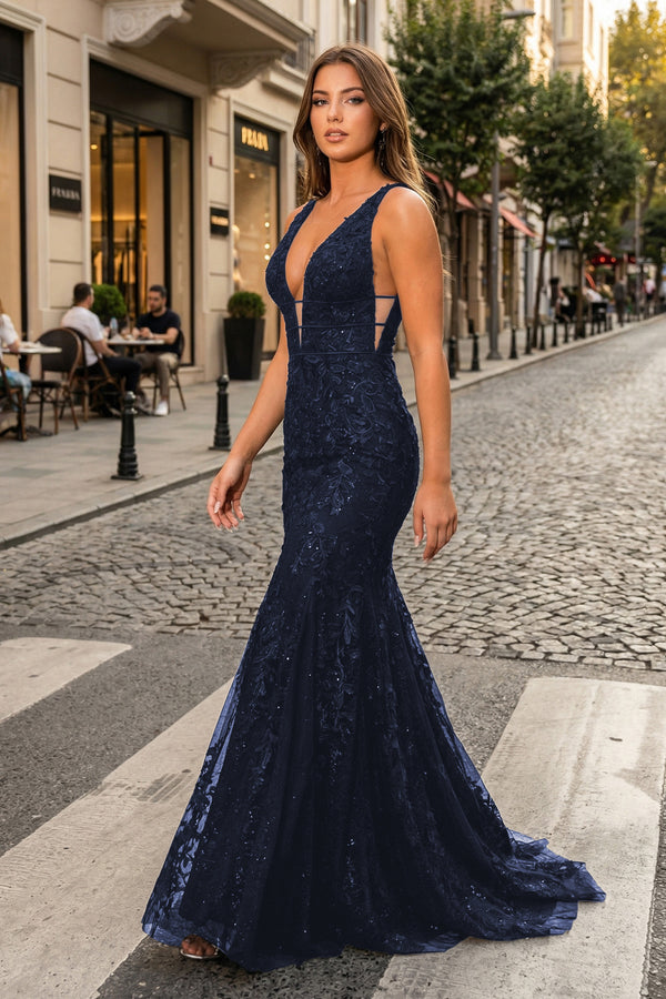 KissProm-Navy Blue Mermaid Plunge V Neck Lace Prom Dress