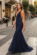 Mermaid Plunge V Neck Lace Prom Dress - KissProm