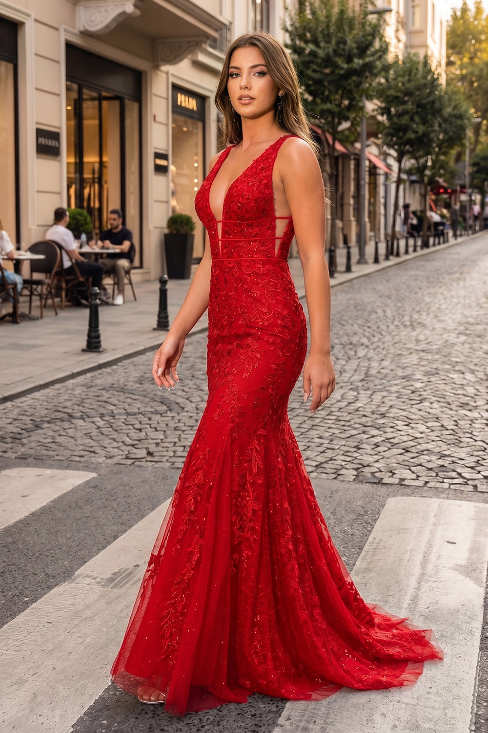 Mermaid Plunge V Neck Lace Prom Dress - Kissprom