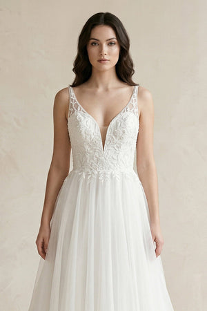 Plunge Tulle A - Line Appliqued Maxi Wedding Dress in White - KissProm Wedding Dresses