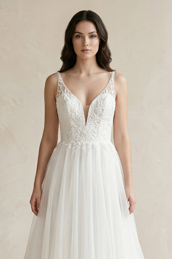 Plunge Tulle A - Line Appliqued Maxi Wedding Dress in White - KissProm Wedding Dresses