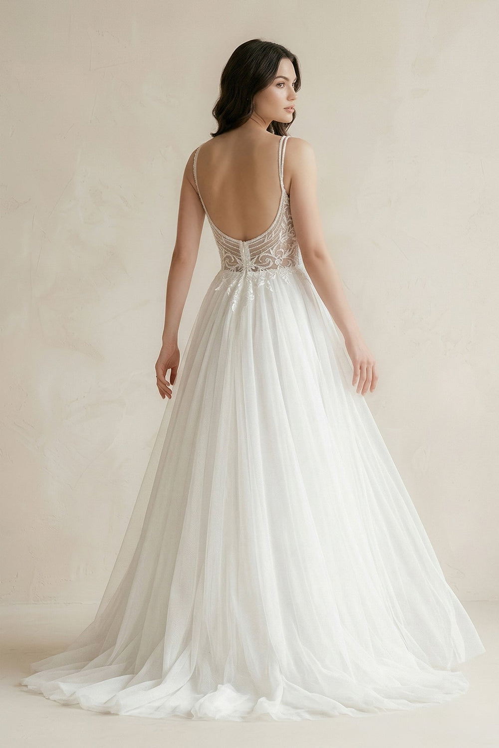 Plunge Tulle A - Line Appliqued Maxi Wedding Dress in White - KissProm Wedding Dresses