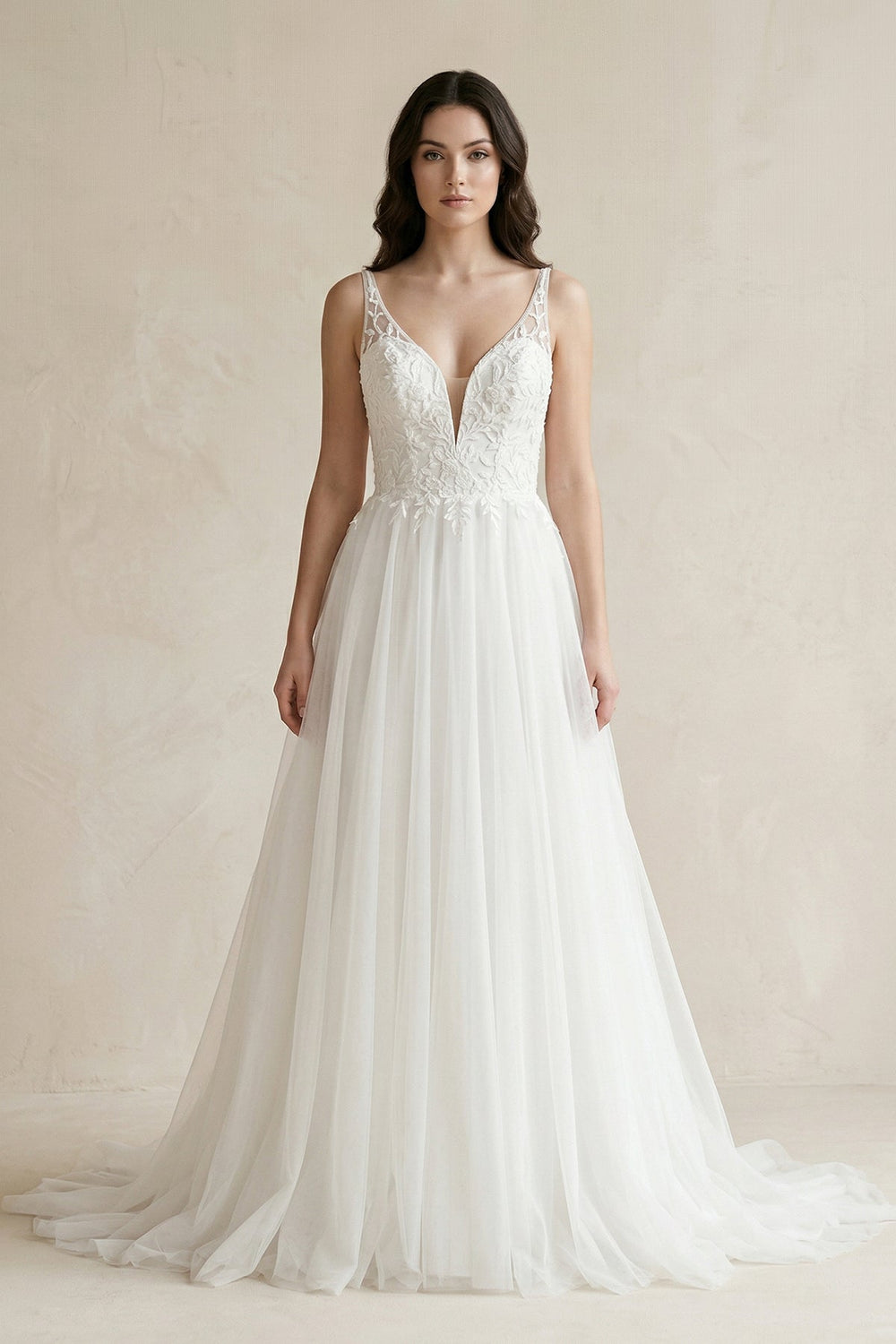 Plunge Tulle A - Line Appliqued Maxi Wedding Dress in White - KissProm Wedding Dresses
