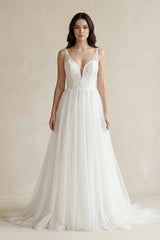 Plunge Tulle A - Line Appliqued Maxi Wedding Dress in White - KissProm Wedding Dresses