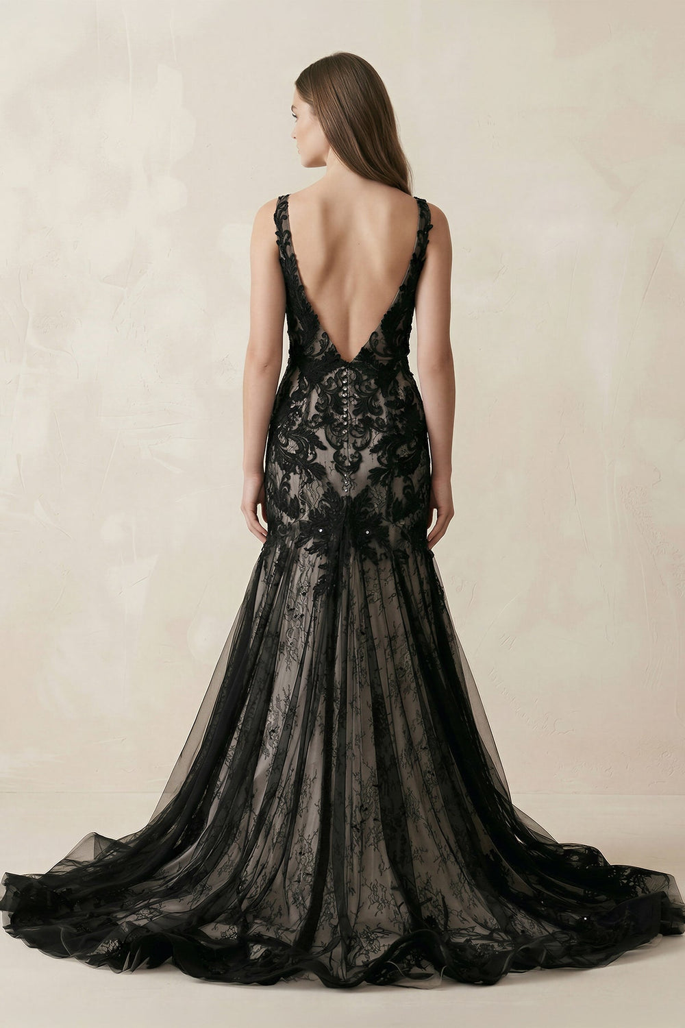 Plunge Tulle Appliqued Mermaid Wedding Dress With Open Back in Black - KissProm Wedding Dresses