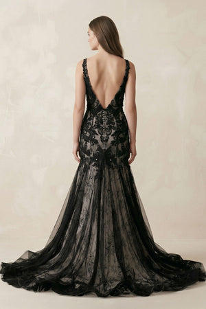 Plunge Tulle Appliqued Mermaid Wedding Dress With Open Back in Black - KissProm Wedding Dresses