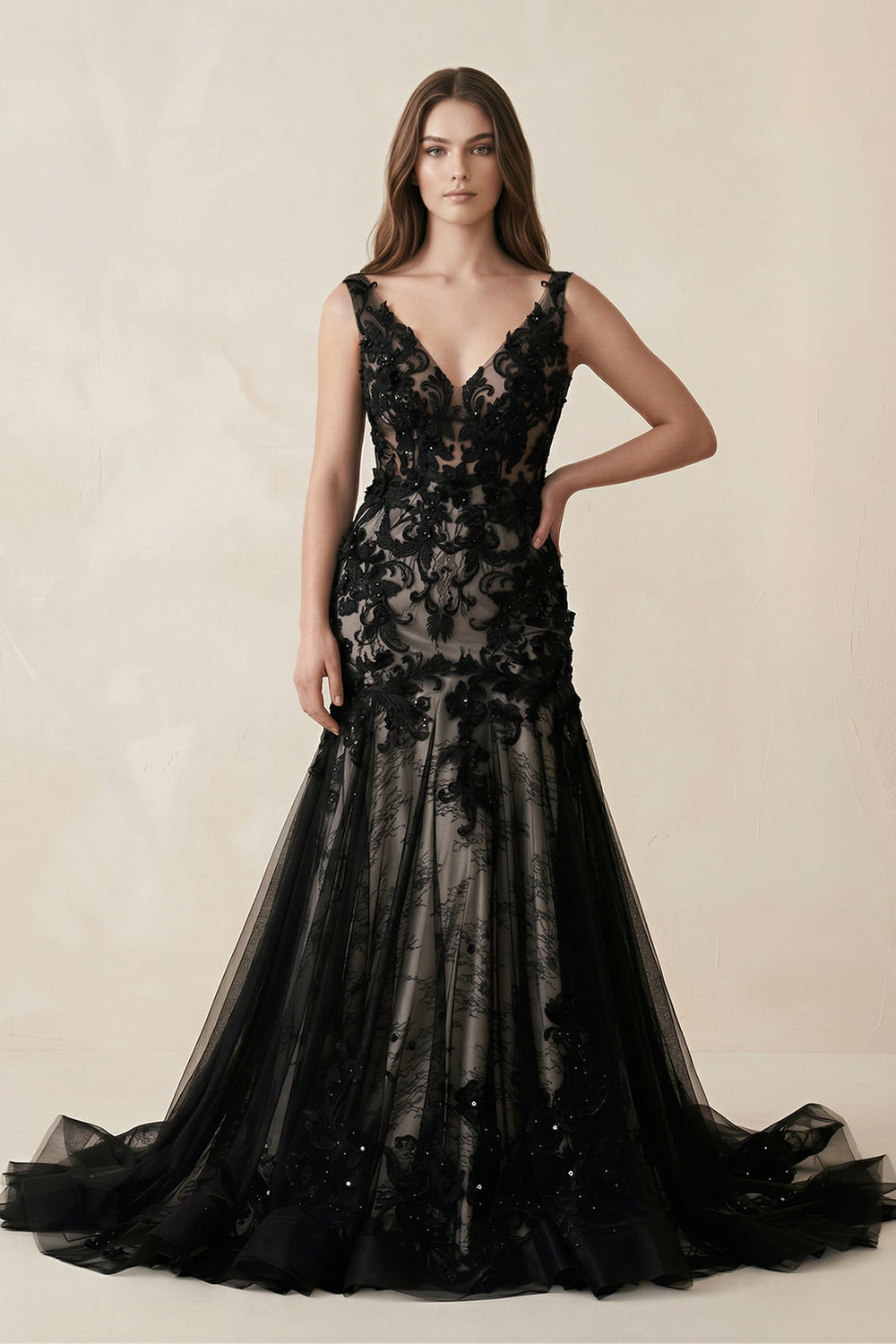 a line black wedding dress WL036-Long Sleeve Lace Mermaid Bridal Gown-Andrea & Leo main image 1