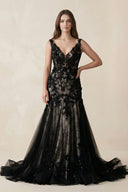 Plunge Tulle Appliqued Mermaid Wedding Dress With Open Back in Black - KissProm Wedding Dresses