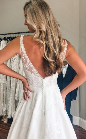 Sansa | Plunging Neckline A-Line Satin Wedding Dress With Low-V Back And Appliques