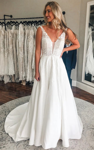 Sansa | Plunging Neckline A-Line Satin Wedding Dress With Low-V Back And Appliques
