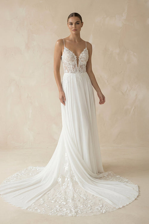Plunging Sheath Satin Appliqued Wedding Dress in White - KissProm Wedding Dresses