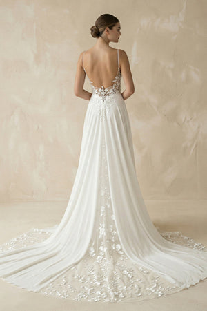 Plunging Sheath Satin Appliqued Wedding Dress in White - KissProm Wedding Dresses