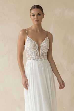 Plunging Sheath Satin Appliqued Wedding Dress in White - KissProm Wedding Dresses