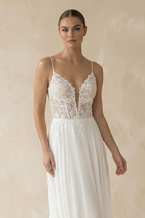 Plunging Sheath Satin Appliqued Wedding Dress in White - KissProm Wedding Dresses