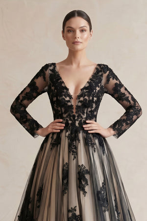 Plunging Tulle Appliqued Ball - Gown Wedding Dress in Black and Nude - KissProm Wedding Dresses