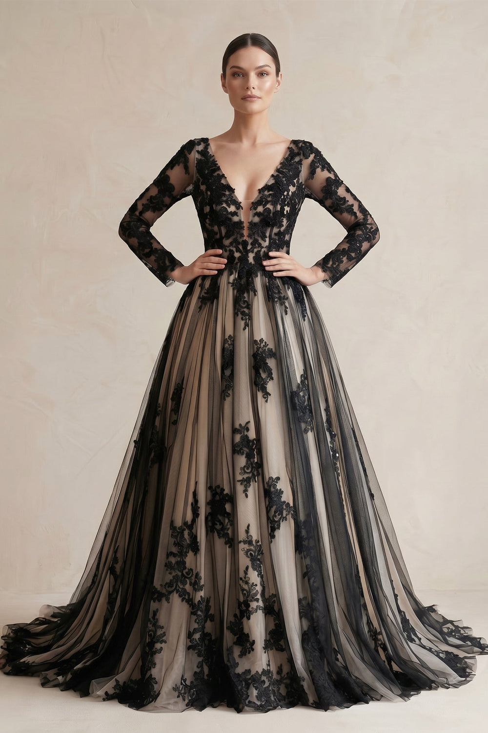 Plunging Tulle Appliqued Ball - Gown Wedding Dress in Black and Nude - KissProm Wedding Dresses