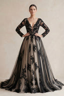 Plunging Tulle Appliqued Ball - Gown Wedding Dress in Black and Nude - KissProm Wedding Dresses
