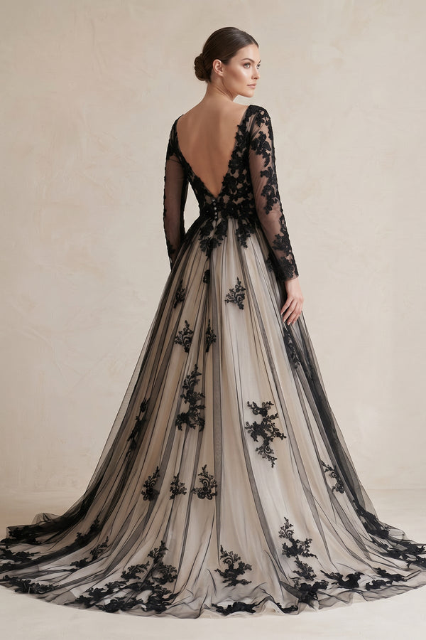 Plunging Tulle Appliqued Ball - Gown Wedding Dress in Black and Nude - KissProm Wedding Dresses