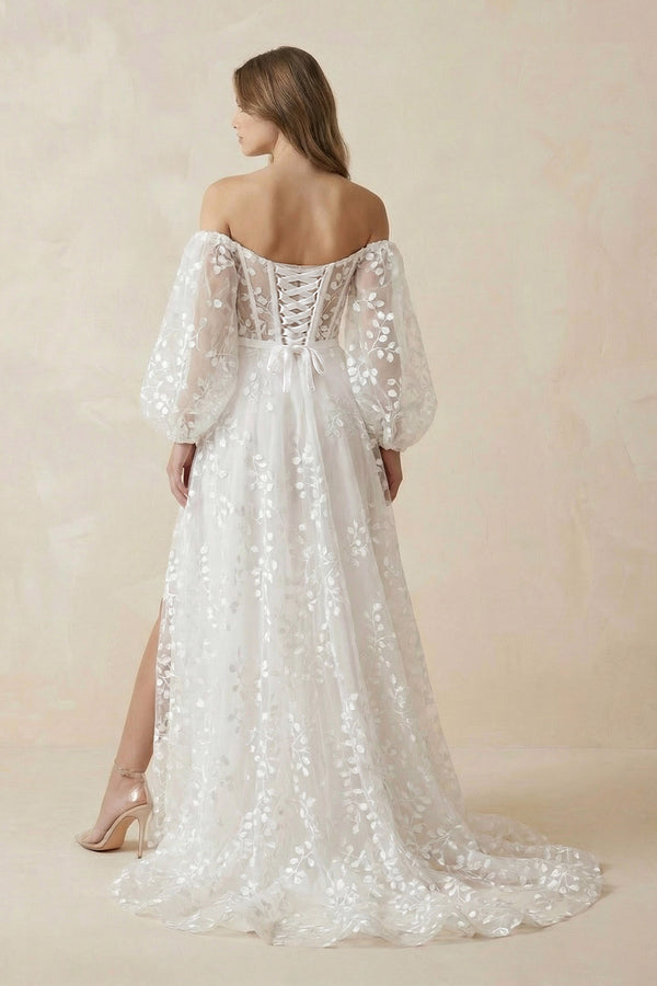 Plunging V-Neck Allover Lace Bohemian Wedding Dress with Sleeves– Wedding Dresses by KissProm | Available at KissProm
