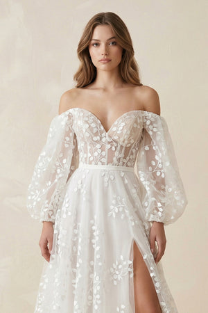 Plunging V-Neck Allover Lace Bohemian Wedding Dress with Sleeves– Wedding Dresses by KissProm | Available at KissProm